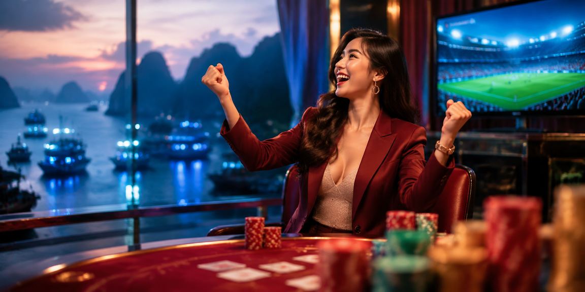 Người chơi baccarat tại vịnh Hạ Long với khung cảnh thiên nhiên hùng vĩ và ánh đèn sòng bài