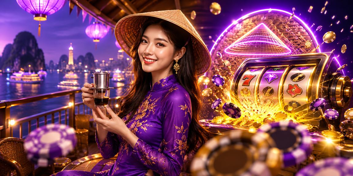 Trải nghiệm slot game với biểu tượng nón lá trên nền cảnh Hạ Long Bay thơ mộng